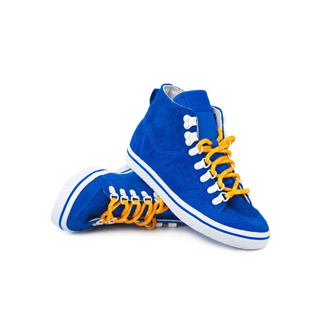 Vibrant Royal Blue Suede High-Top Sneakers with Bold Yellow Laces